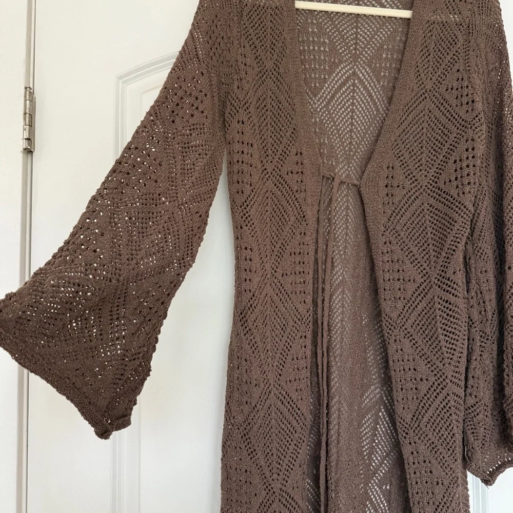 Promesa Pointelle Crochet Knit Cardigan Mocha Long Duster Boho Festival Small